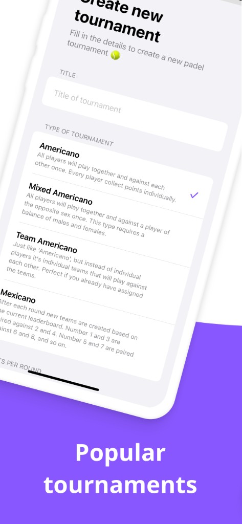 Create tournament screen with format options