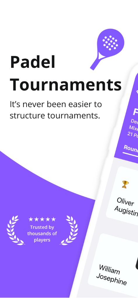 Padel Americano app showing tournament list and trust messaging